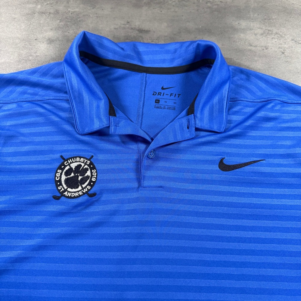 Nike Dri Fit Golf Polo Shirt Blue Stripe Embroidered Chubbs St Andrews Womens XL